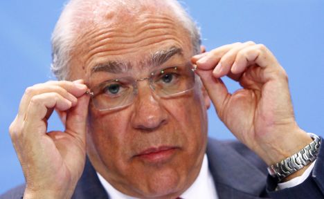 Jose Angel Gurria, Secretary-General of the Organisation for Economic Co-operation and Development (OECD) adjusts his glasses as he attends a news conference with representatives of the trade organizations after a meeting in the chancellery in Berlin, Germany, June 11, 2018. REUTERS/Michele Tantussi